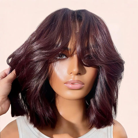 Wear and Go Wigs Trendy Burgundy Short Wavy Bob Wigs with Bangs Human Hair Wigs