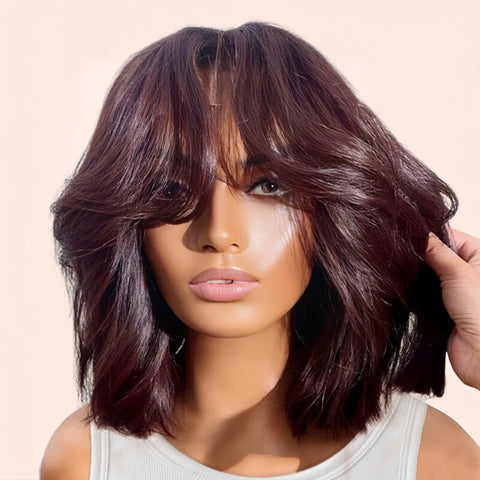 Wear and Go Wigs Trendy Burgundy Short Wavy Bob Wigs with Bangs Human Hair Wigs