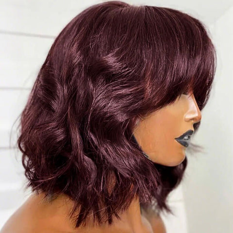 Wear and Go Wigs Trendy Burgundy Short Wavy Bob Wigs with Bangs Human Hair Wigs