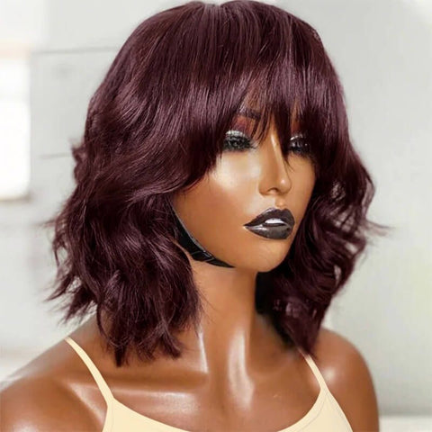 Wear and Go Wigs Trendy Burgundy Short Wavy Bob Wigs with Bangs Human Hair Wigs