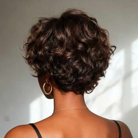 Wear and Go Wigs Pixie Cut Brown Waves Short Wigs For Women Glueless Human Hair Wigs