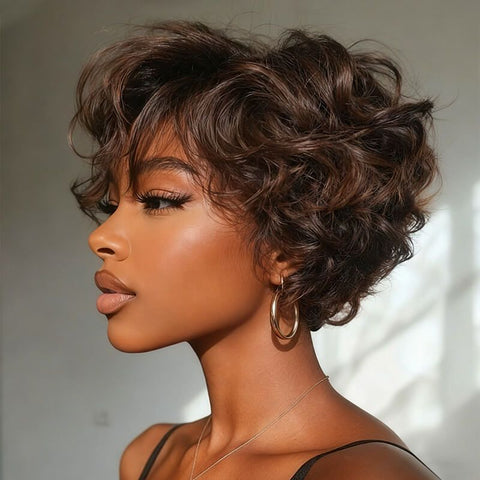 Wear and Go Wigs Pixie Cut Brown Waves Short Wigs For Women Glueless Human Hair Wigs