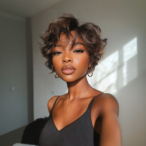 Wear and Go Wigs Pixie Cut Brown Waves Short Wigs For Women Glueless Human Hair Wigs