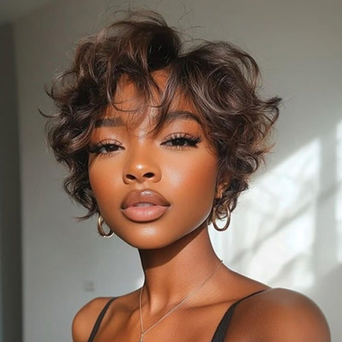 Wear and Go Wigs Pixie Cut Brown Waves Short Wigs For Women Glueless Human Hair Wigs