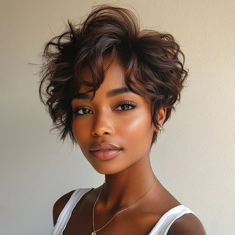 Wear and Go Wigs Pixie Cut Brown Waves Short Wigs For Women Glueless Human Hair Wigs