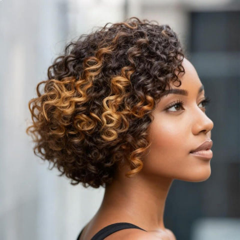 Wear and Go Wigs Highlight Short Pixie Cut Curly Bob Wigs Pre Cut Lace Glueless Human Hair Wigs