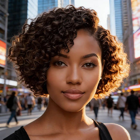 Wear and Go Wigs Highlight Short Pixie Cut Curly Bob Wigs Pre Cut Lace Glueless Human Hair Wigs