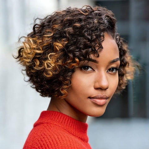 Wear and Go Wigs Highlight Short Pixie Cut Curly Bob Wigs Pre Cut Lace Glueless Human Hair Wigs