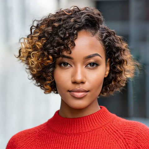Wear and Go Wigs Highlight Short Pixie Cut Curly Bob Wigs Pre Cut Lace Glueless Human Hair Wigs