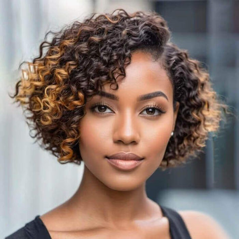 Wear and Go Wigs Highlight Short Pixie Cut Curly Bob Wigs Pre Cut Lace Glueless Human Hair Wigs