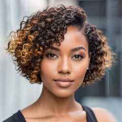 Wear and Go Wigs Highlight Short Pixie Cut Curly Bob Wigs Pre Cut Lace Glueless Human Hair Wigs