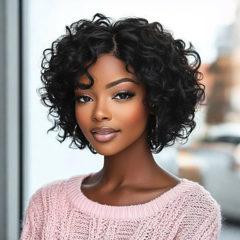 Ready to Wear Short Curly Bob Wigs with Side Part Pre Cut Lace Human Hair Wigs