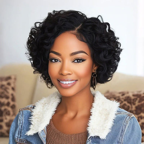Ready to Wear Short Curly Bob Wigs with Side Part Pre Cut Lace Human Hair Wigs