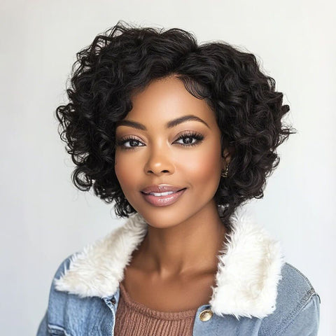 Ready to Wear Short Curly Bob Wigs with Side Part Pre Cut Lace Human Hair Wigs