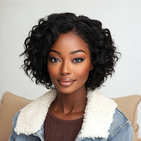 Ready to Wear Short Curly Bob Wigs with Side Part Pre Cut Lace Human Hair Wigs