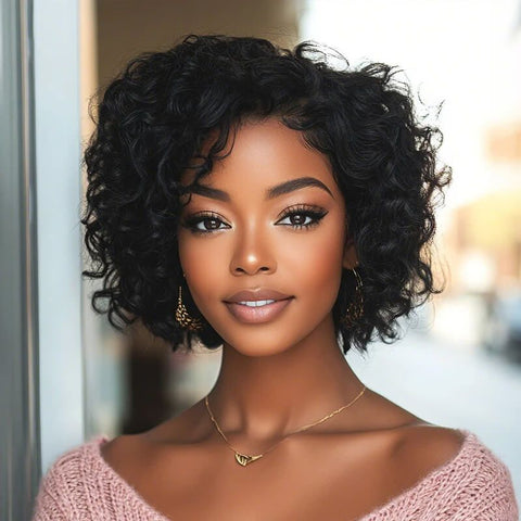 Ready to Wear Short Curly Bob Wigs with Side Part Pre Cut Lace Human Hair Wigs