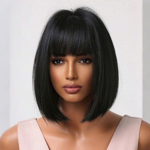 Put on & Go Wigs Glueless Side Part Short Bob Wigs With Bangs Lace Front Human Hair Wigs