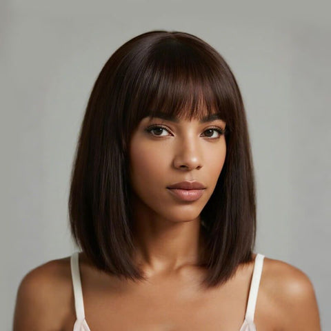 Put on & Go Wigs Shoulder Length Wigs With Bangs Glueless Human Hair Wigs