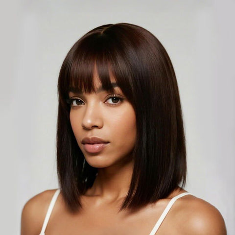 Put on & Go Wigs Shoulder Length Wigs With Bangs Glueless Human Hair Wigs