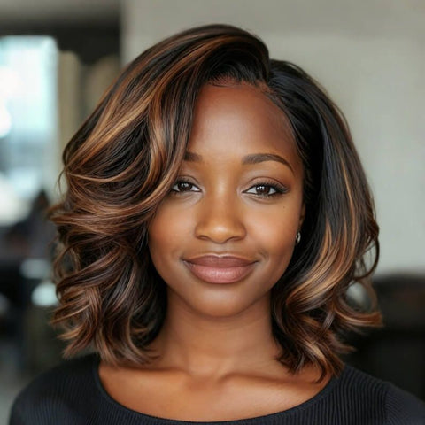Wear and Go Wigs Brown Highlights Bob Wigs with Side Part Pre Cut Lace Human Hair Wigs