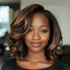 Wear and Go Wigs Brown Highlights Bob Wigs with Side Part Pre Cut Lace Human Hair Wigs