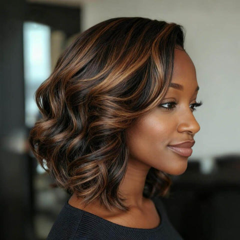 Wear and Go Wigs Brown Highlights Bob Wigs with Side Part Pre Cut Lace Human Hair Wigs