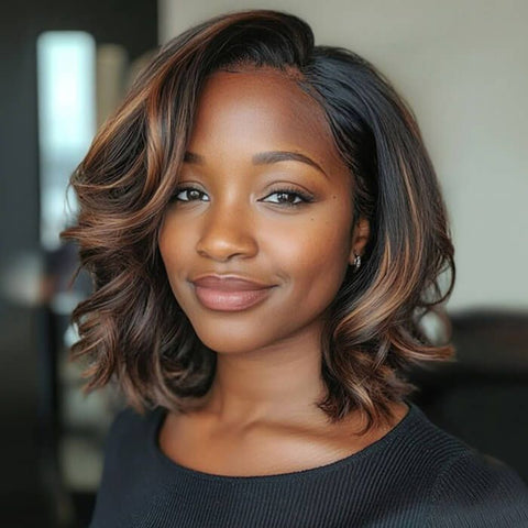 Wear and Go Wigs Brown Highlights Bob Wigs with Side Part Pre Cut Lace Human Hair Wigs