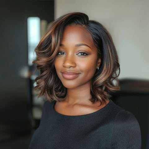 Wear and Go Wigs Brown Highlights Bob Wigs with Side Part Pre Cut Lace Human Hair Wigs