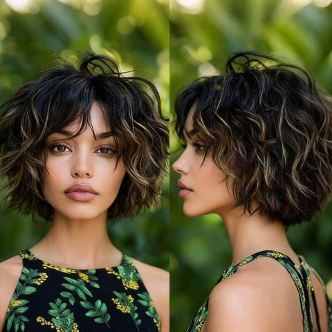 Wear and Go Wigs Highlight Blonde Wavy Short Wigs With Bangs Real Human Hair Wigs