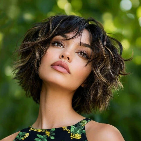 Wear and Go Wigs Highlight Blonde Wavy Short Wigs With Bangs Real Human Hair Wigs