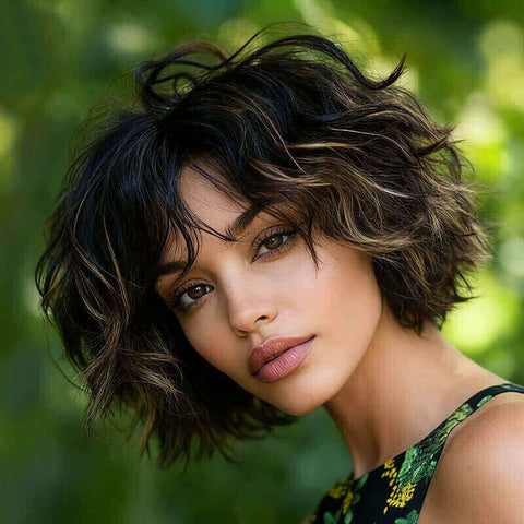 Wear and Go Wigs Highlight Blonde Wavy Short Wigs With Bangs Real Human Hair Wigs