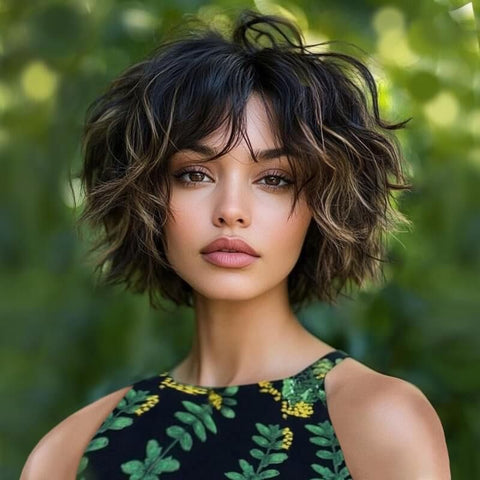 Wear and Go Wigs Highlight Blonde Wavy Short Wigs With Bangs Real Human Hair Wigs