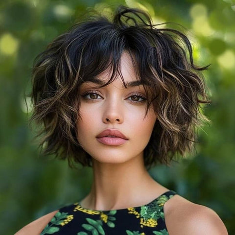 Wear and Go Wigs Highlight Blonde Wavy Short Wigs With Bangs Real Human Hair Wigs