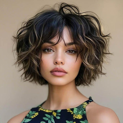 Wear and Go Wigs Highlight Blonde Wavy Short Wigs With Bangs Real Human Hair Wigs