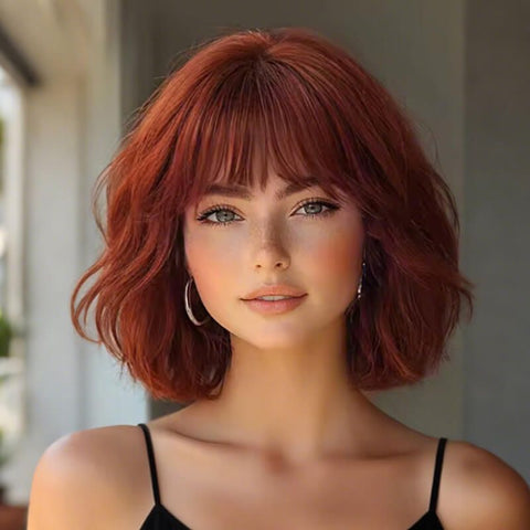 Red Brown Short Wavy Bob Wig With Bangs Human Hair Wigs