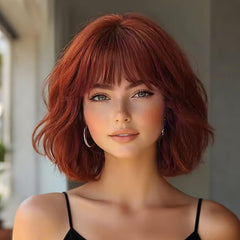 Red Brown Short Wavy Bob Wig With Bangs Human Hair Wigs