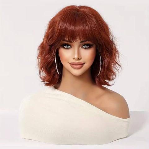 Red Brown Short Wavy Bob Wig With Bangs Human Hair Wigs