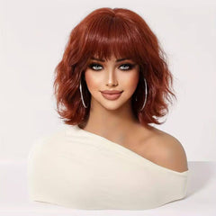 Red Brown Short Wavy Bob Wig With Bangs Human Hair Wigs
