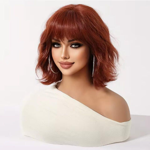Red Brown Short Wavy Bob Wig With Bangs Human Hair Wigs