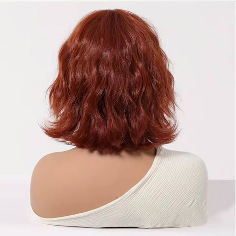 Red Brown Short Wavy Bob Wig With Bangs Human Hair Wigs