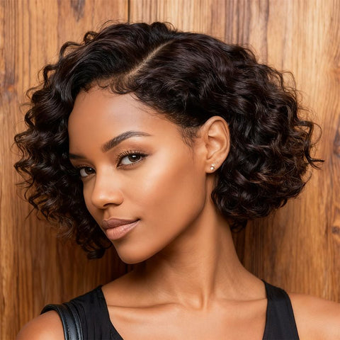 Wear and Go Wigs Short Pixie Cut Curly Brown Bob Wigs with Side Part Pre Cut Lace Human Hair Wigs