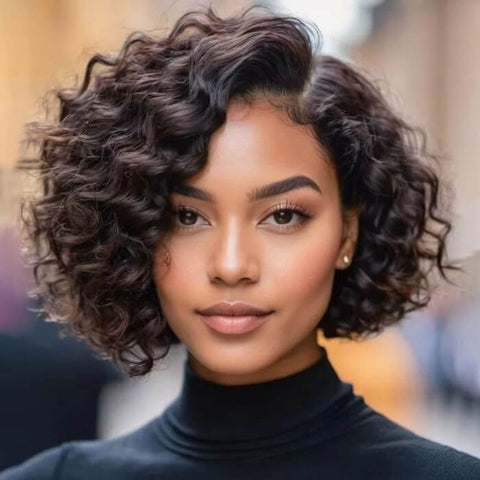Wear and Go Wigs Short Pixie Cut Curly Brown Bob Wigs with Side Part Pre Cut Lace Human Hair Wigs
