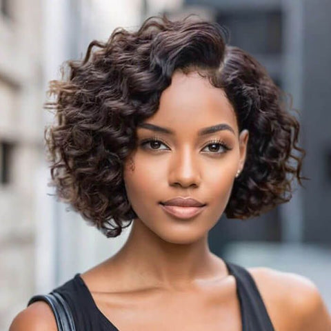 Wear and Go Wigs Short Pixie Cut Curly Brown Bob Wigs with Side Part Pre Cut Lace Human Hair Wigs