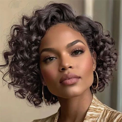 Wear and Go Wigs Short Pixie Cut Curly Brown Bob Wigs with Side Part Pre Cut Lace Human Hair Wigs