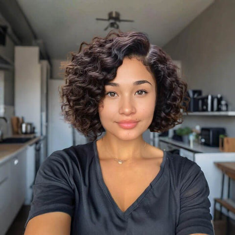 Wear and Go Wigs Short Pixie Cut Curly Brown Bob Wigs with Side Part Pre Cut Lace Human Hair Wigs