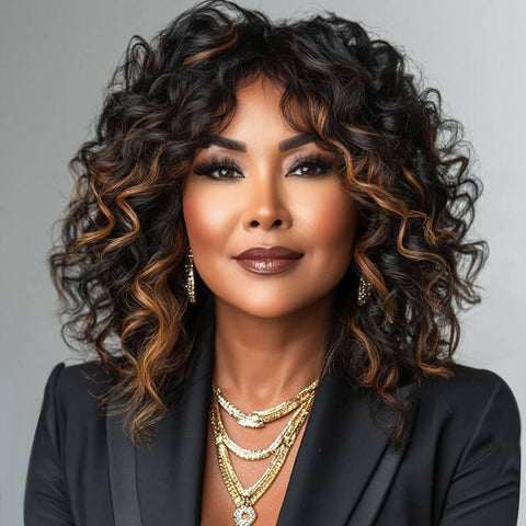Wear and Go Wigs Copper Highlight Bouncy Curly Bob Wigs Glueless Human Hair Wigs