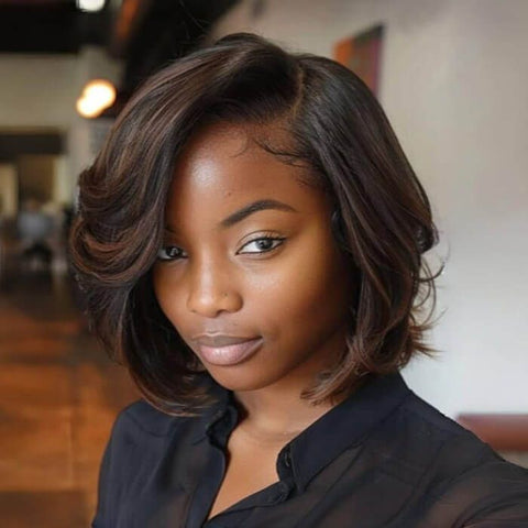 Layered Highlight Brown Bob Wigs with Side Part Glueless Human Hair Wigs