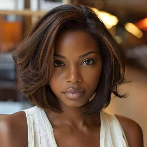 Layered Highlight Brown Bob Wigs with Side Part Glueless Human Hair Wigs