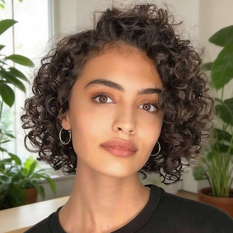 Brown Curly Bob Wigs With Side Part Closure Lace Human Hair Wigs