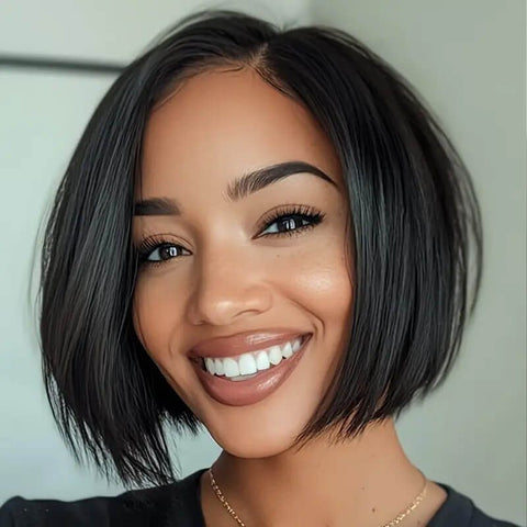 Wear and Go Wigs Side Part Bob Wigs With Bangs Pre Cut Lace Glueless Human Hair Wigs